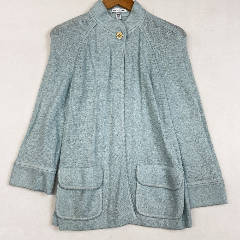 St. John Single Button Light Weight Mint Green Cardigan Pockets Sz small